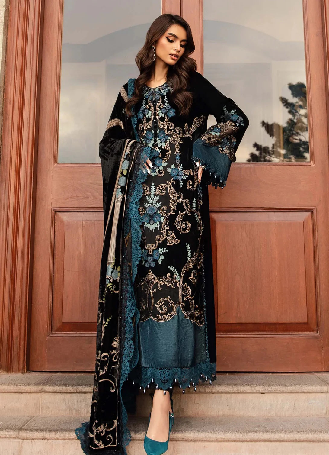 Maria B Black Embroidered 3 Piece Unstitched Formal Velvet BA-0122-25 – B&A Apparels