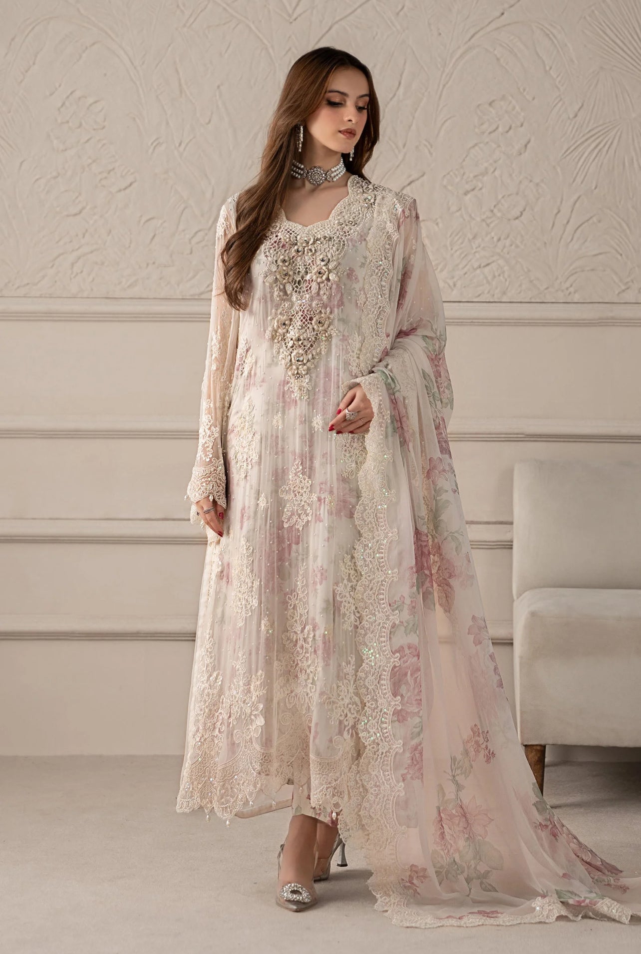 Maria B White Embroidered 3 Piece Unstitched Formal Chiffon HJ-0433-25   B&A Apparels