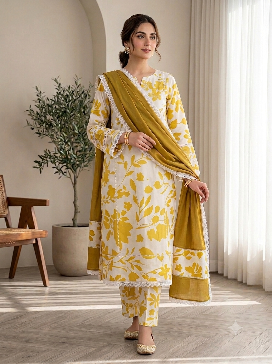 lawn dress with chiffon dupatta All-Over Print Embroidered EID Lawn Dress with Emb. Chiffon Dupatta