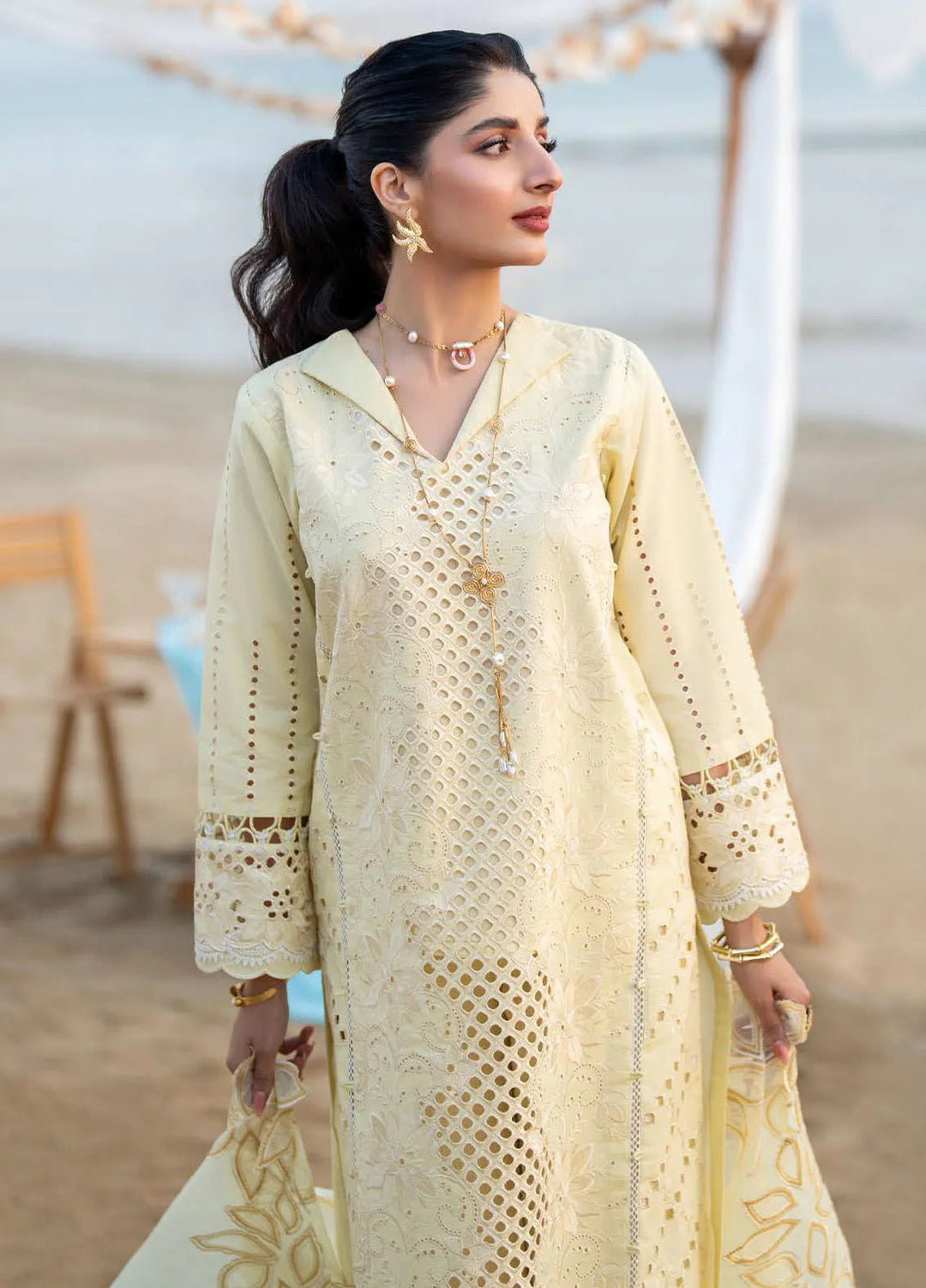 Aabyan Cream Embroidered Chicken Kari 3 Piece Unstitched Luxury Lawn H ...
